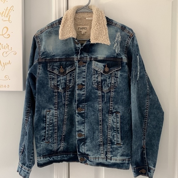 FWRD denim jean jacket size Small Sherpa‎ collar distressed buttons fly stretchy - Picture 3 of 16